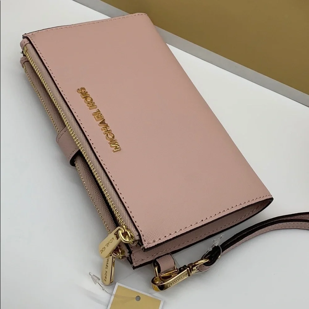 MICHAEL KORS LG DOUBLE ZIP WRISTLET BLOSSOM POWDER BLUSH NWT